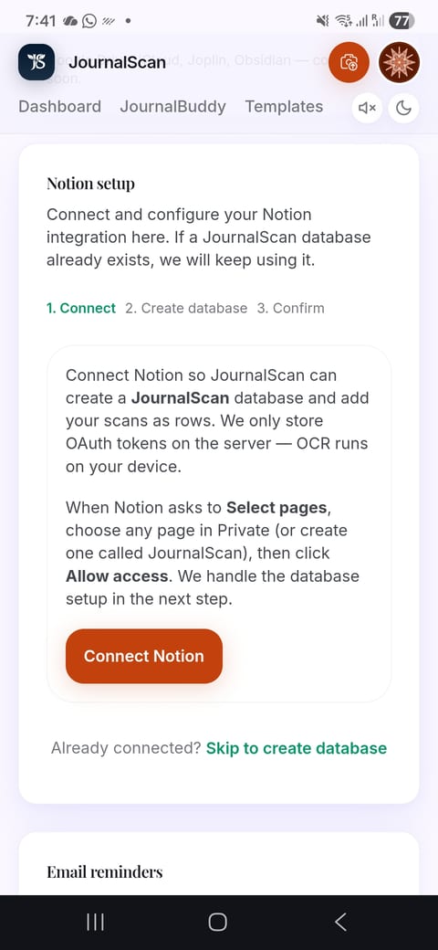 JournalScan settings showing the Notion setup card with a Connect Notion button