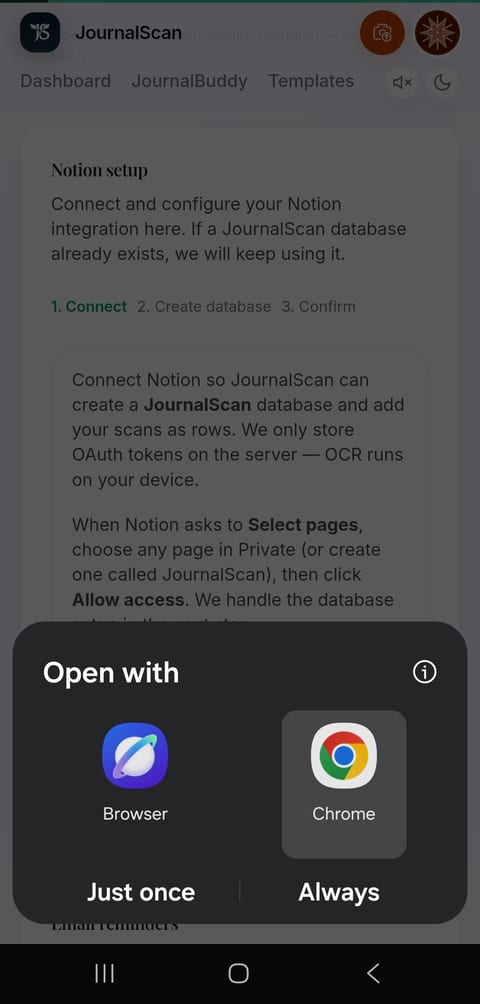 Mobile browser picker when connecting JournalScan to Notion