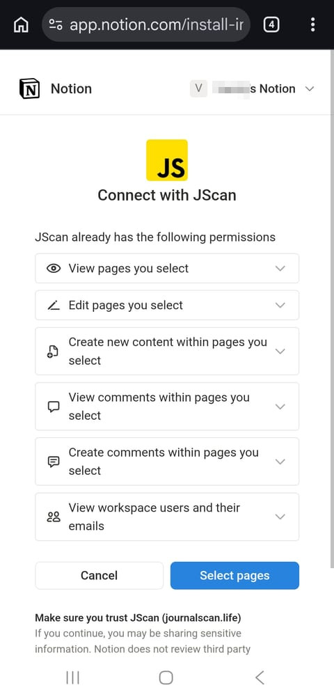 Notion authorization screen for JScan with a Select pages button