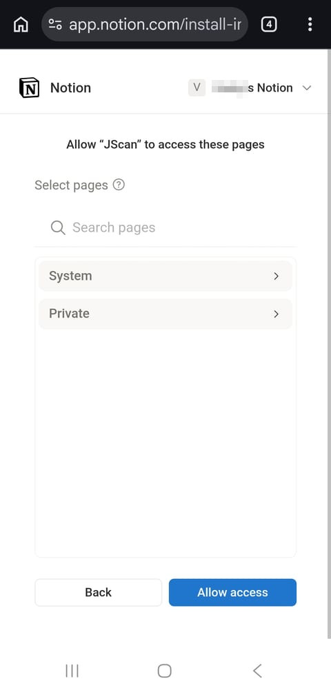 Notion page picker showing Private pages and an Allow access button