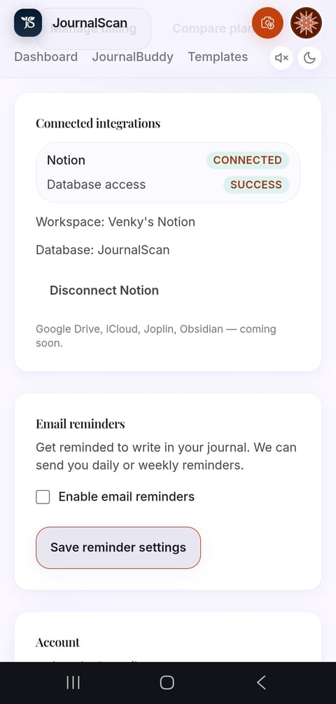 JournalScan settings showing Notion connected with database access success