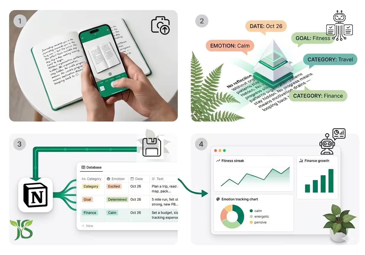JournalScan streak tracking calendar and journal entries displayed on a smartphone
