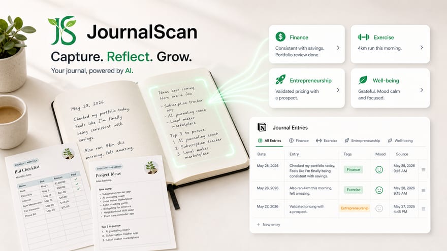 JournalScan scanning a journal and syncing entries into a Notion database